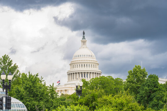 Fototapeta U.S. Capitol stands tall amid dark clouds and summer foliage in the nation's capital.