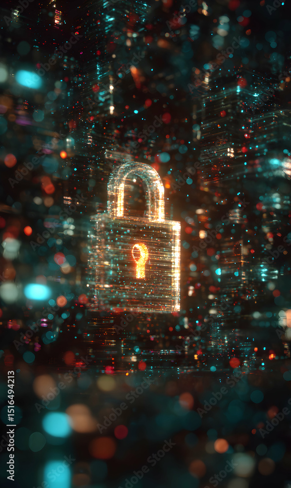 Poster digital security represented by a glowing padlock floating in a technological cityscape abstract and