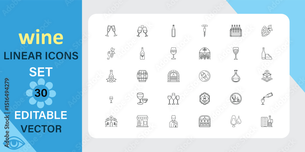 Poster wine linear icons set. vineyard, winemaking, grapes and more. outline vector icon in linear style. e