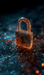 Digital padlock security concept with glowing particles symbolizing cybersecurity encryption and network protection of sensitive information