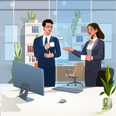 Modern vector illustration of a professional businesswoman working in an office environment. She is performing various tasks such as making phone calls, writing notes, presentation, communication, con