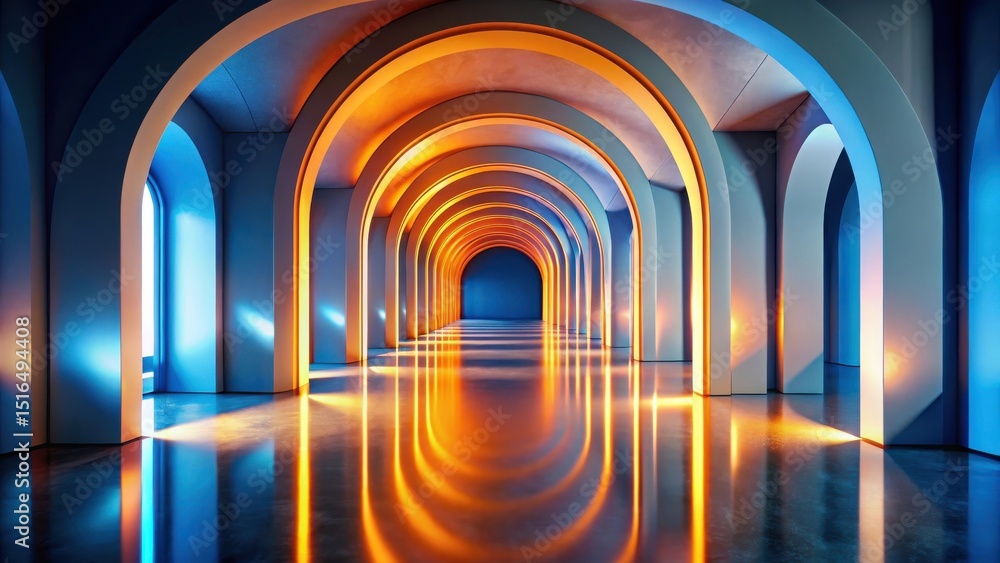 Poster a serene passageway of arched corridors illuminated with warm and cool light hues reflecting on a po