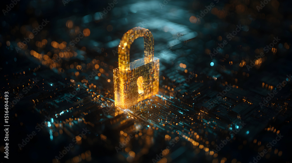 Poster digital golden padlock illuminated on circuit board symbolizes data protection and cybersecurity