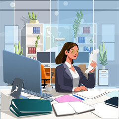 Modern vector illustration of a professional businesswoman working in an office environment. She is performing various tasks such as making phone calls, writing notes, presentation, communication, con
