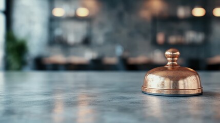 A copper bell rests on a polished counter in a stylish eatery, evoking a sense of nostalgia and elegance while serving as a symbol of hospitality.