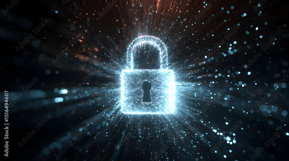 Poster secure digital access point padlock illuminated with radiating particles highlighting cyber security