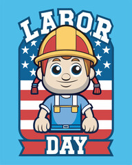 Labor Day USA T-Shirt Design with Girl Worker and USA Flag Backdrop