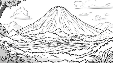 Black and white landscape drawing of a volcano
