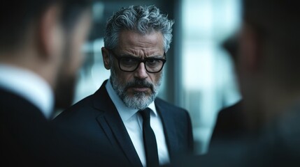 A serious businessman with a gray beard and glasses engages in intense conversation, capturing the essence of leadership and strategic thinking in a corporate setting.