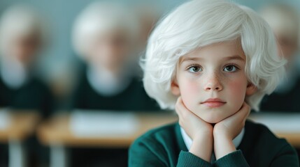 A focused young boy with striking white hair sits thoughtfully at his desk, embodying curiosity and deep contemplation within a classroom setting.