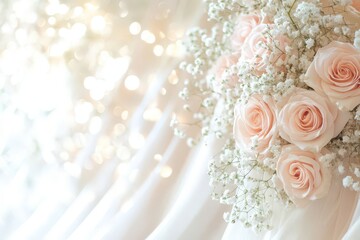 Pastel pink roses and baby's breath with ribbon decoration, soft blurred light effect, elegant wedding background with copy space on the right.