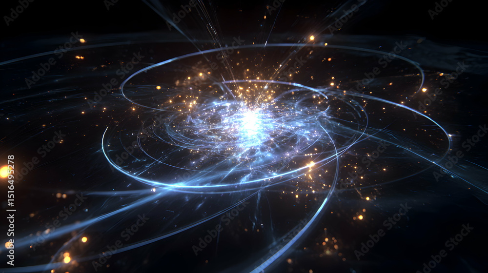 Poster an abstract cosmic explosion of light and energy with spiraling trails in a deep black space backgro