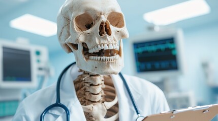 A humorous representation of a skeleton dressed as a doctor, complete with a stethoscope. This quirky image is perfect for health-related themes or education.