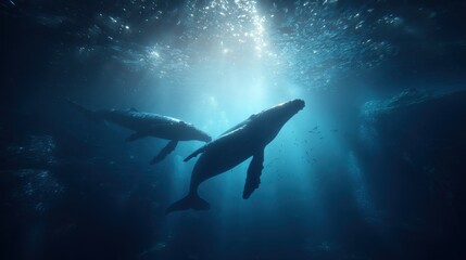 Fototapeta premium Underwater whales swimming in sunlight 