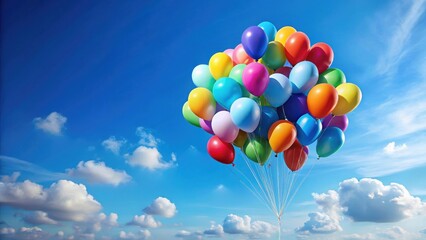 Naklejka premium A vibrant cluster of colorful balloons ascends against a backdrop of a clear, azure sky adorned with fluffy white clouds, symbolizing joy, celebration, and the lightness of being