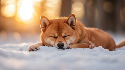 A serene image of an adorable dog peacefully sleeping in the snow while bathed in warm sunset light, evoking feelings of tranquility and comfort in nature.