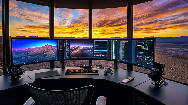 Spectacular workstation setup featuring multi-monitor display amidst stunning landscape views