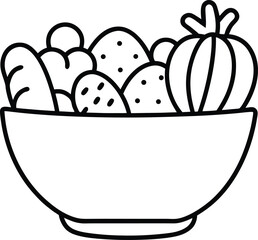 Line Art of Bowl with Fresh Vegetables.