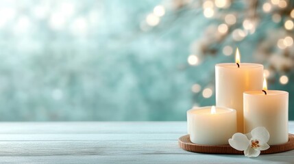 A tranquil and aesthetically pleasing arrangement of lit candles and an orchid, evoking feelings of relaxation, warmth, and serenity amidst a softly blurred background.