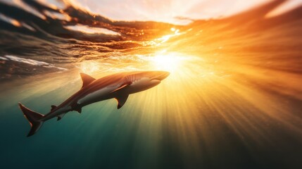 An awe-inspiring underwater moment capturing a shark gliding gracefully through sunlit waters, highlighting the beauty and power of marine life in its natural habitat.