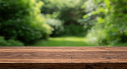 Wood surface meets lush greenery; blurred background creates serene atmosphere