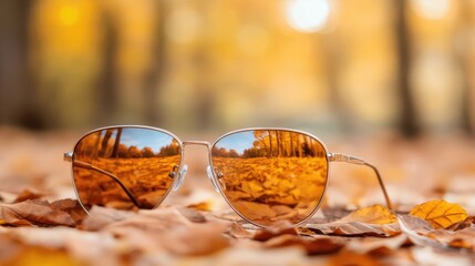 A pair of stylish sunglasses rests on a bed of colorful autumn leaves, beautifully reflecting the vibrant fall scenery, showcasing nature's artistry in harmony with fashion.