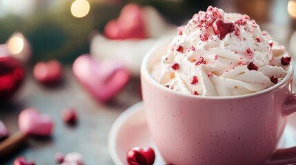 A delightful mug filled with whipped cream and decorative hearts presents an inviting aesthetic, perfect for celebrating love and special moments during festive seasons.