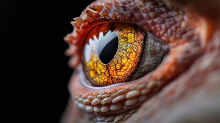 An extreme close-up of a reptile's eye reveals rich, textured patterns and captivating colors while showcasing the beauty of nature and the intricacies of wildlife.