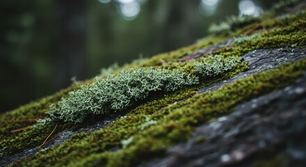 Fototapeta premium Moss and lichen grow on a dark surface with out-of-focus trees in the background