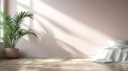 A minimalist room bathed in soft sunlight, accentuated by a lush indoor plant, creates an inviting atmosphere perfect for relaxation and rejuvenation.