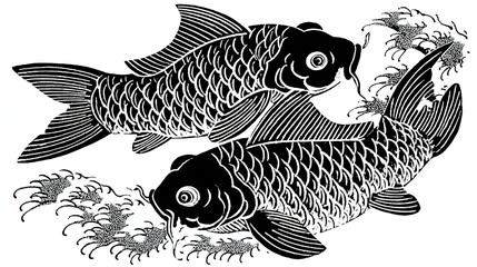 Japanese Fish Art Woodblock Print Style Vintage Marine Life Illustration Edo Period Aquatic Animals Traditional Japanese Design Bold Colors Fish Motif Home Decor
