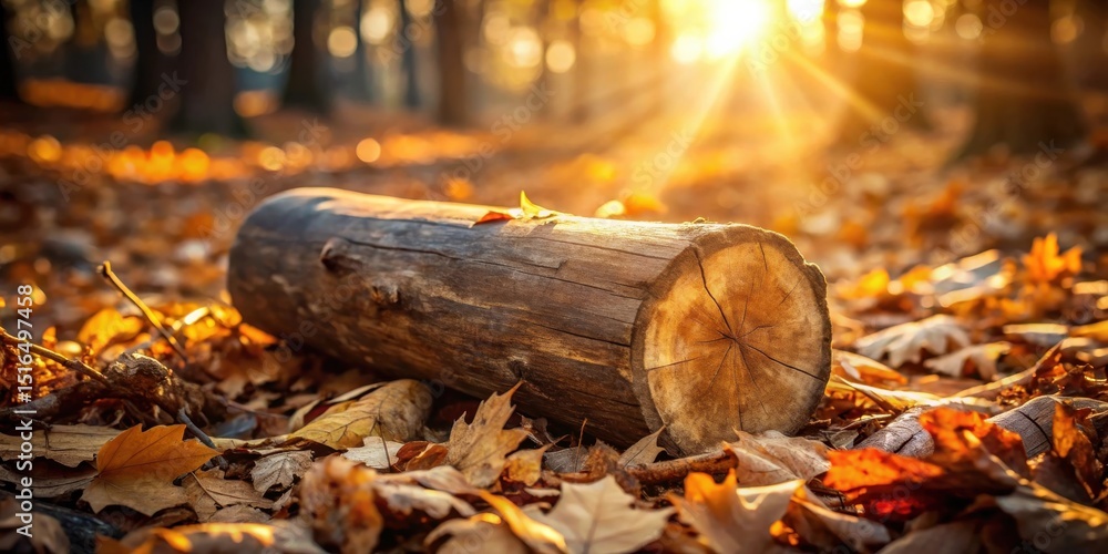 Poster golden hour in the woods a sunlit tree trunk rests on a bed of autumn leaves, bathed in the warm glo