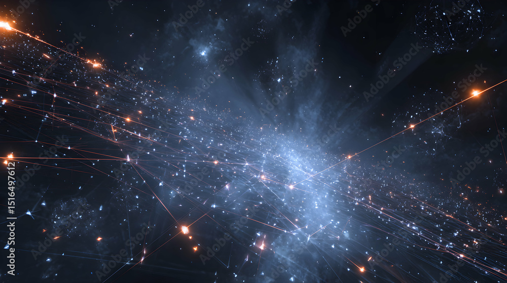 Poster abstract cosmic network connecting distant galaxies illuminated by nebula and stardust patterns