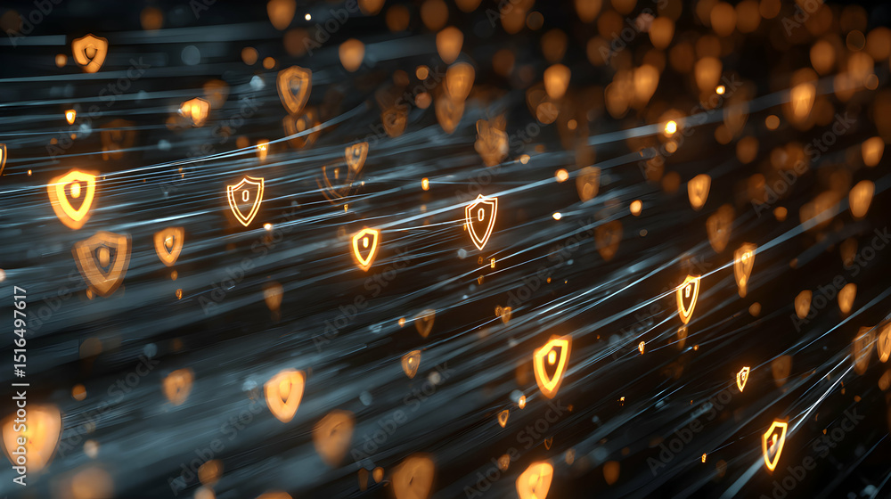 Poster digital shield network background with golden glow, security system protecting data flowing seamless