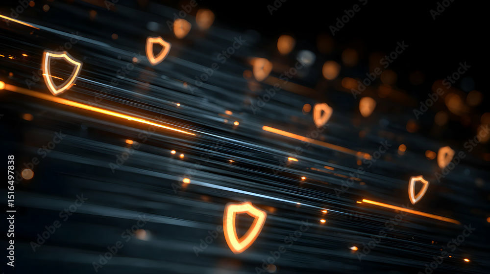 Poster cybersecurity network with digital shields representing secure data transmission and protection onli