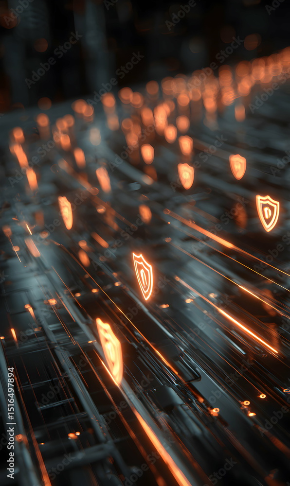 Poster cybersecurity data stream with glowing shield icons representing network protection and secure conne