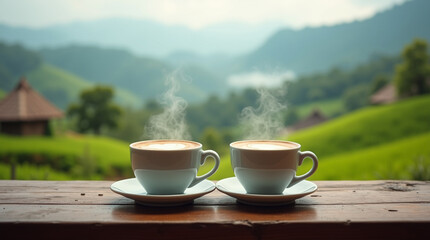 Two Steaming Cups of Coffee with Scenic Mountain View