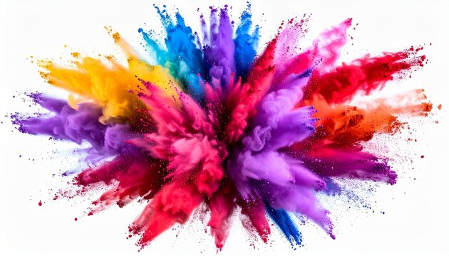 A vibrant burst of powdered paint in mid-air, arranged in a rainbow spectrum, isolated on a white background, ultra-detailed, high-speed photography style, dynamic energy, color explotion