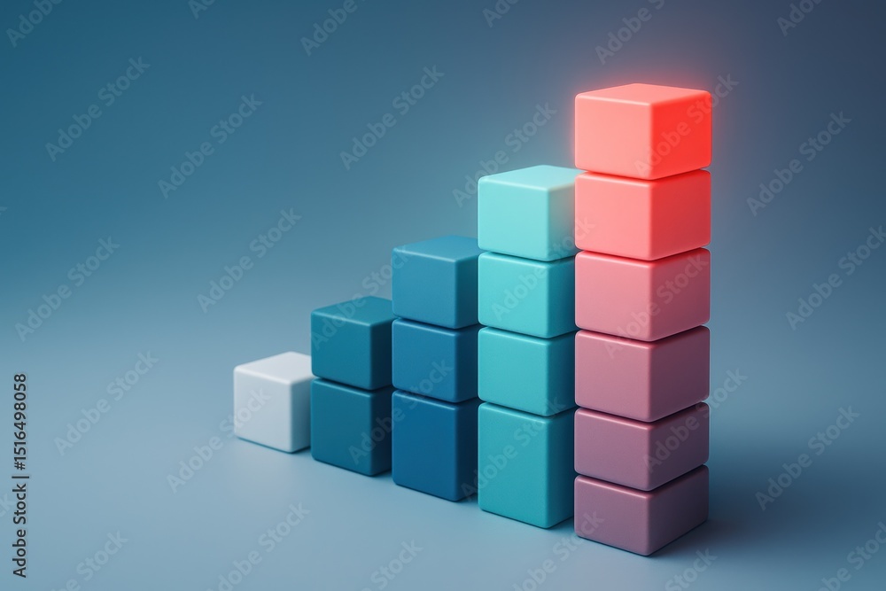 Poster this abstract chart symbolizes business growth and strategy as stacked cubes rise from low to high h