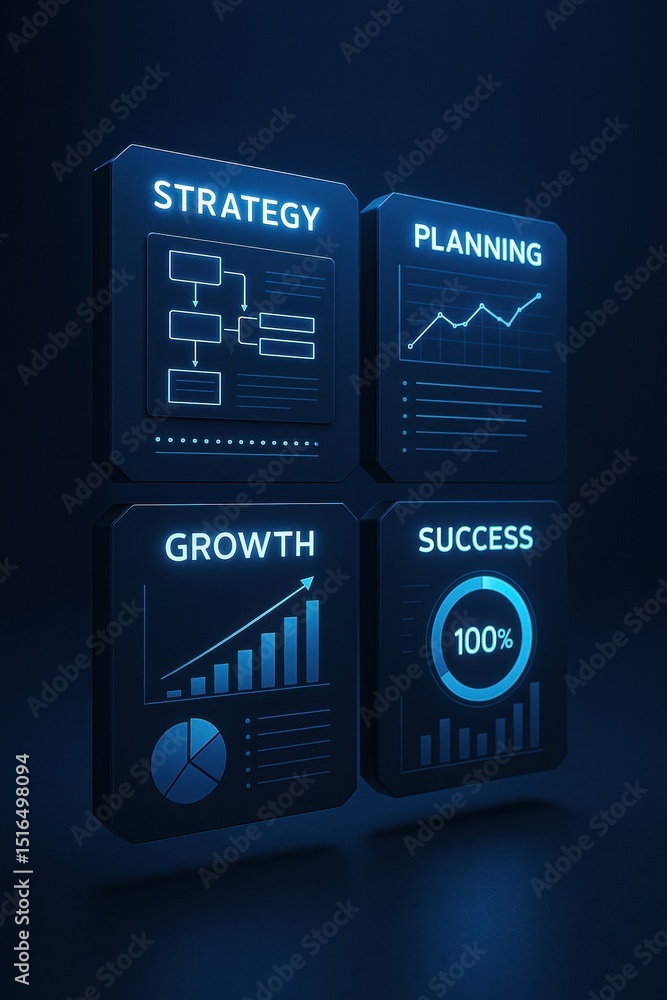 Poster a futuristic business dashboard displays strategy planning growth and success metrics on modular pan