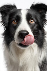 Border collie dog licking nose closeup	