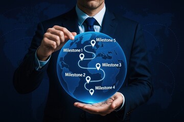 A businessman demonstrates strategic decision-making by navigating a glowing roadmap globe marked with key milestones symbolizing growth and innovation in global business planning