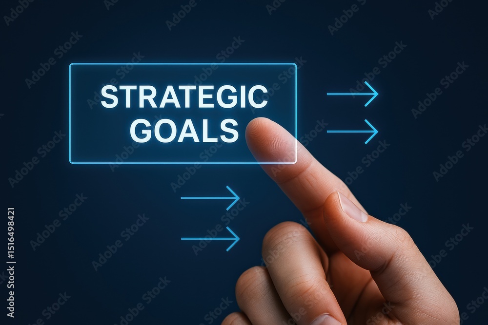 Poster fingers interact with a digital interface displaying strategic goals symbolizing business decision a