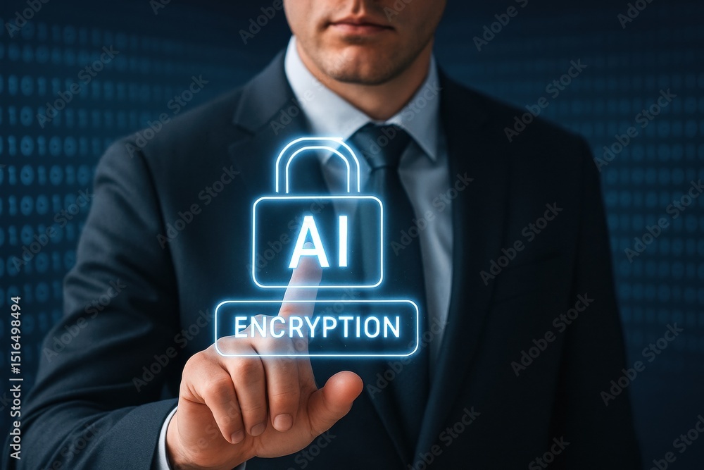 Poster a business professional demonstrates strategic decision-making by activating an ai encryption system