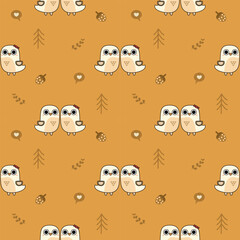 Bird couple cartoon so cute. On acorn heart yellow background. Pattern seamless vector illustration. 
