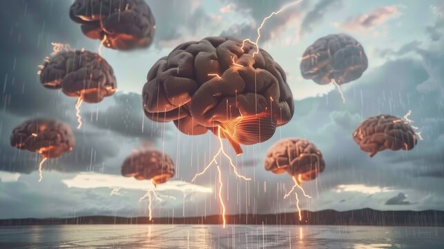 Neuroplastic cloud banks with floating cerebral cortex shapes, synaptic lightning bursts, and real-time consciousness data mapped across cloud surfaces