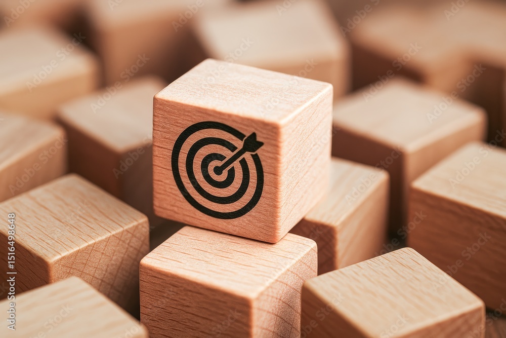 Poster a wooden cube displaying a target icon symbolizes strategic focus and decision-making as key element