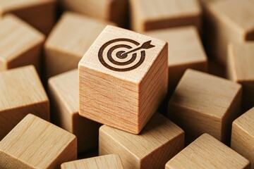 A wooden cube marked with a target icon symbolizes strategic decision-making and business focus amid scattered blocks representing challenges and growth opportunities