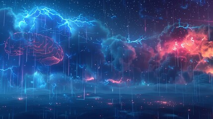 Neuroplastic cloud banks with floating cerebral cortex shapes, synaptic lightning bursts, and real-time consciousness data mapped across cloud surfaces