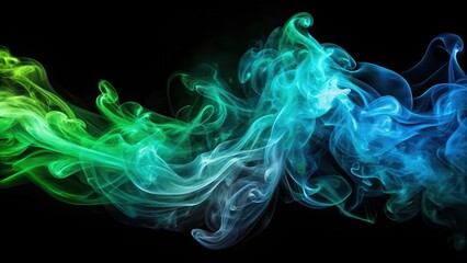 Fototapeta premium Abstract Swirling Teal and Green Smoke on Black Background, Ideal for Design Projects and Artistic Endeavors